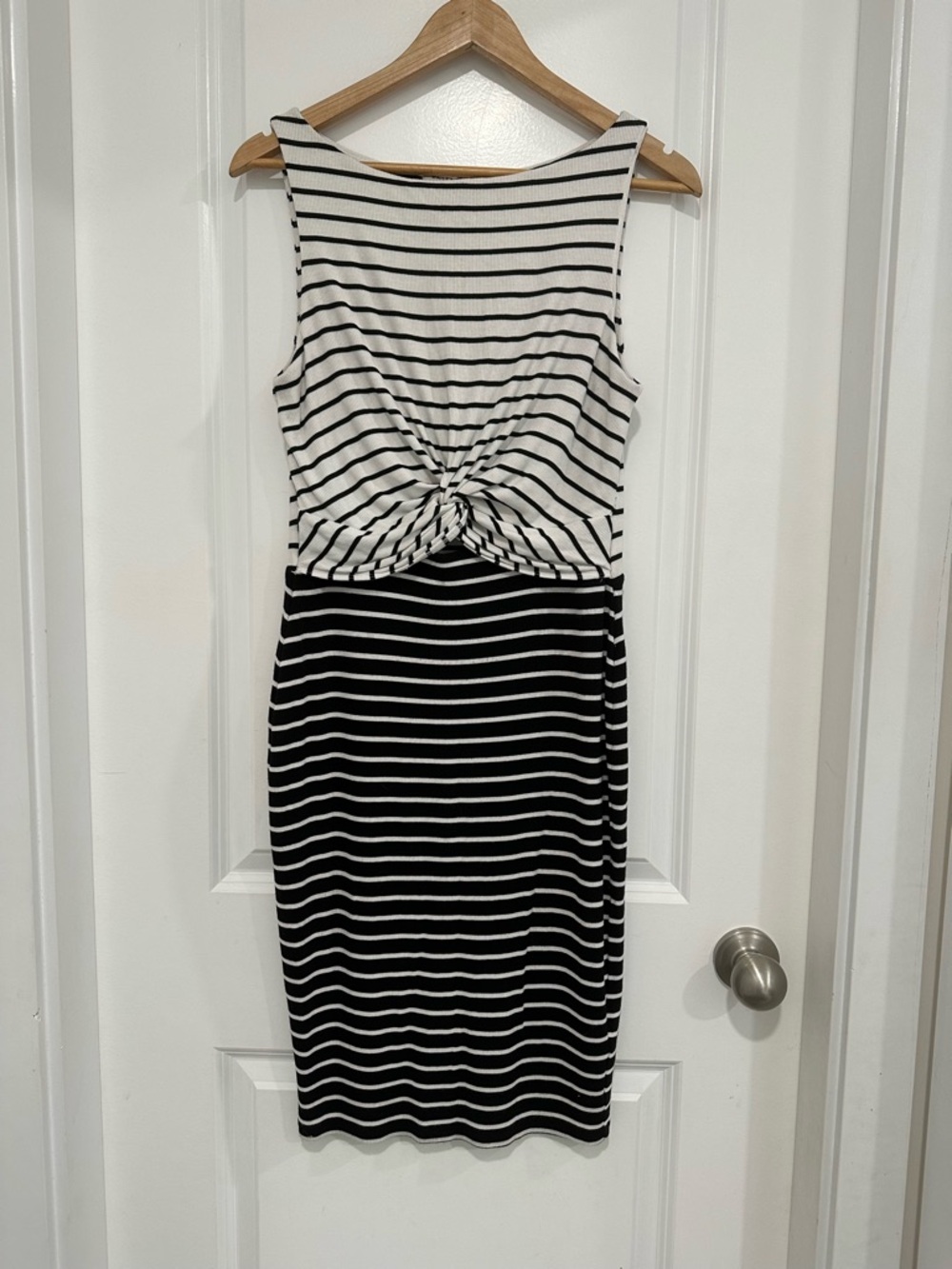 Bailey 44 Anthropologie Dress Black and White Striped Knot-Front Midi Dress